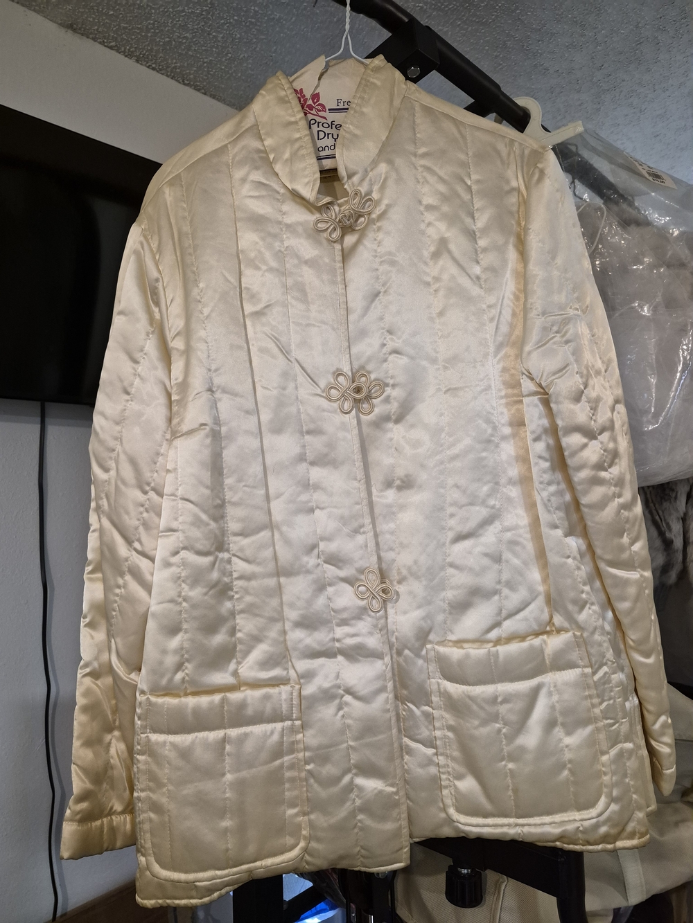 Cream Quilted Mandarin-Collar Puffer Jacket with Frog Closures